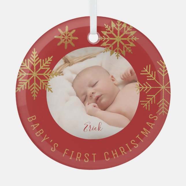 Babys First Christmas Photo Gift Glass Ornament (Front)
