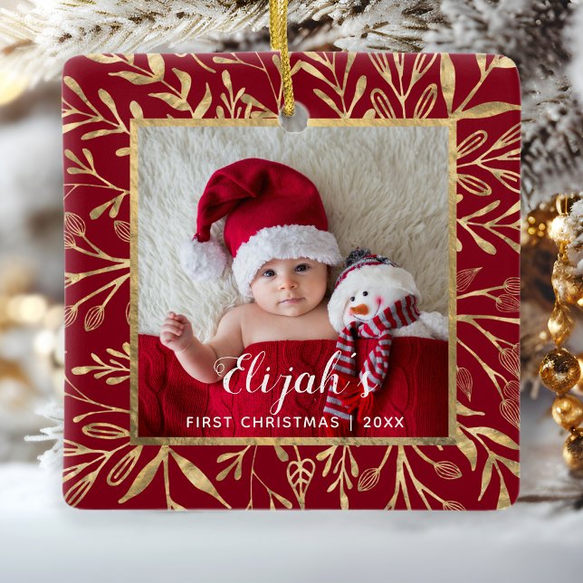 Babys First Christmas Photo Gold Foliage Red Ceramic Ornament (Creator Uploaded)