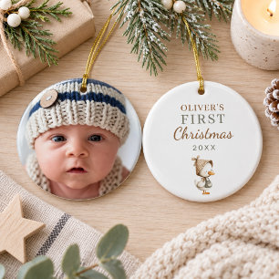 Baby's First Christmas Photo Goose Neutral Ceramic Ornament
