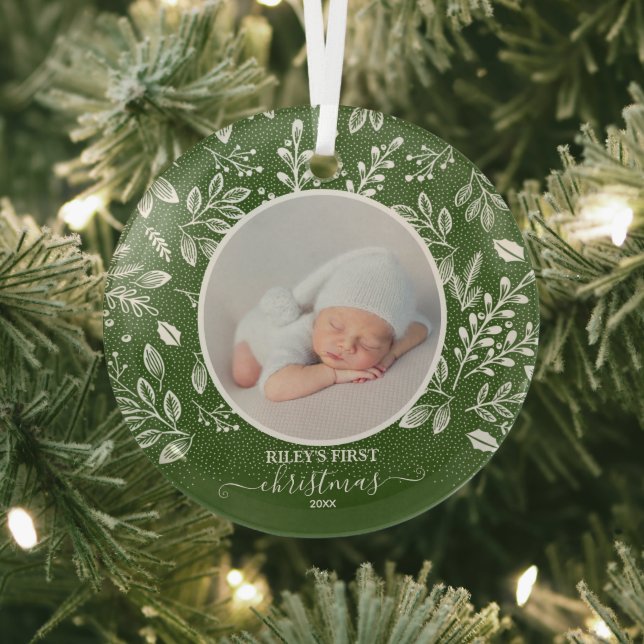 Baby's First Christmas Photo Green Glass Ornament (Insitu)