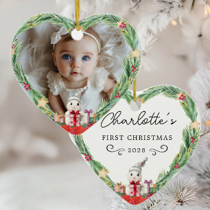 Baby's First Christmas–Photo-Heart-Rabbit Ceramic Ornament