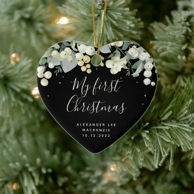 Baby's First Christmas Photo Heart Shaped Ceramic Ornament (Tree)