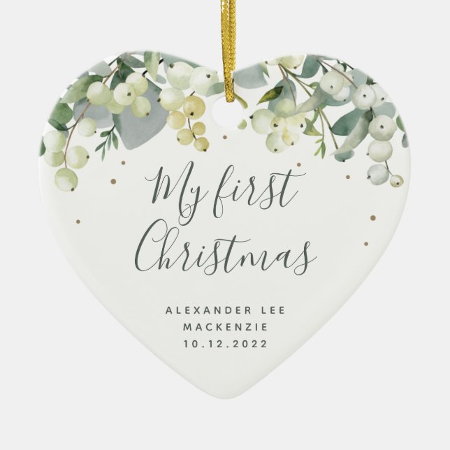 Baby's First Christmas Photo Heart Shaped Ceramic Ornament (Front)