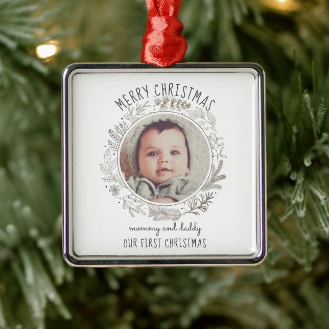 Baby's First Christmas Photo Heirloom For Mom Dad  Metal Ornament (Tree)