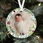 Baby's First Christmas | Photo Holiday Wreath Ornament<br><div class="desc">This stylish two-sided holiday photo keepsake ornament features a newborn photo framed by a floral watercolor wreath. The back of the ornament includes "First Christmas" wording with custom text for the baby's full name and the year. Includes a gorgeous winter palette of burgundy / wine red, merlot, dark grey, and...</div>