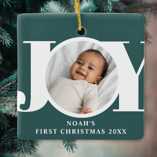 Baby's First Christmas Photo Joy Green Ceramic Ornament