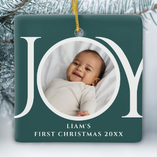 Baby's First Christmas Photo Joy Green Ceramic Ornament