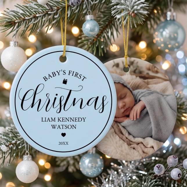 Baby's First Christmas Photo Keepsake Blue Ceramic Ornament (Creator Uploaded)