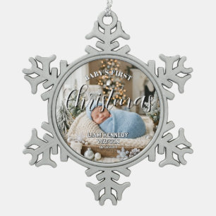 Baby's First Christmas Photo Keepsake Blue Snowflake Pewter Christmas Ornament