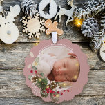 Baby's First Christmas Photo Keepsake Ornament Card<br><div class="desc">Beautiful Baby's First Christmas wrapped in golden lights and holly against a pink blush background making a unique gift and keepsake for all your best wishes during the holiday season.  Easily personalize with your name and favourite photo of your choice.</div>