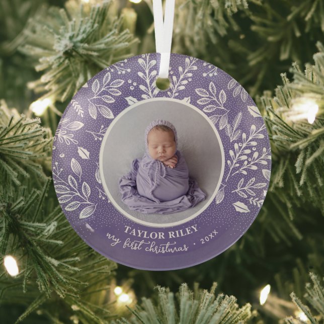 Baby's First Christmas Photo Lavender Glass Ornament (Insitu)