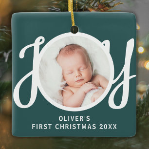 Baby's First Christmas Photo Name Keepsake Green Ceramic Ornament