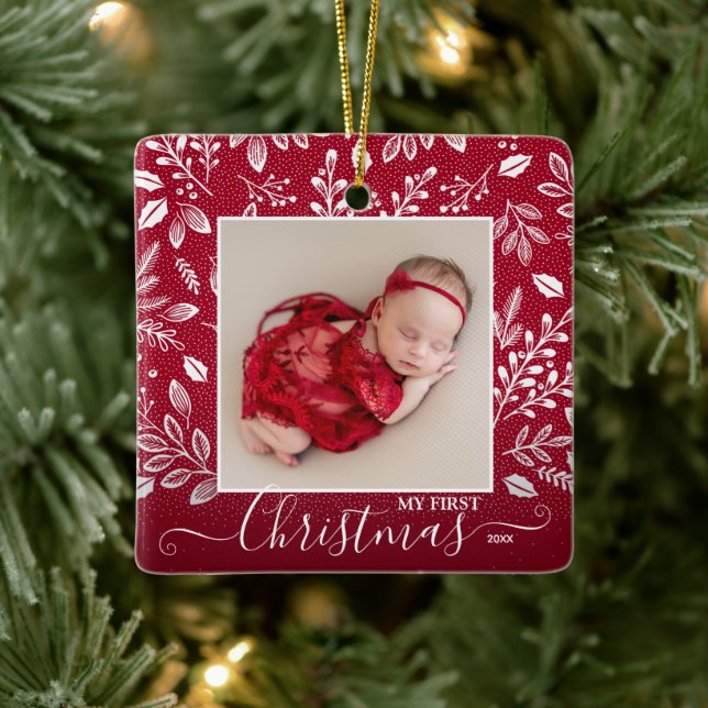 Baby's First Christmas Photo on Cranberry Ceramic Ornament (Tree)