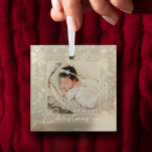 Baby's First Christmas Photo on Ivory Glass Ornament<br><div class="desc">Your favourite photo on white leaves, berries and dots and ANY COLOR background (we show ivory.) TIP: Upload a high resolution, photo cropped to square shape. This Christmas ornament makes a memorable gift for family and friends or create just for yourself - great party favours, too! MORE colours and designs...</div>