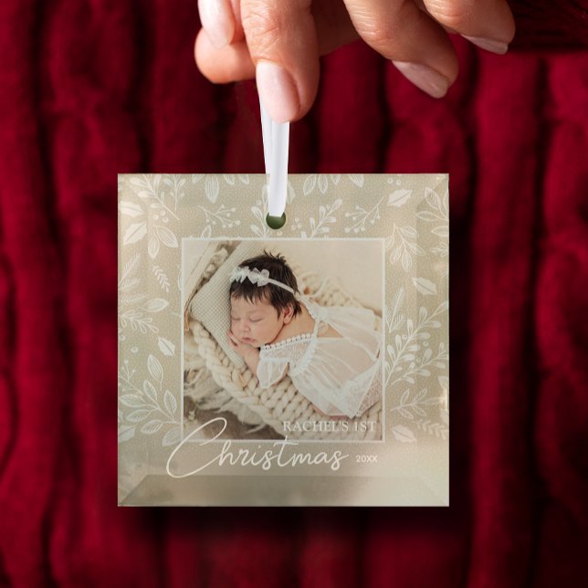 Baby's First Christmas Photo on Ivory Glass Ornament (Creator Uploaded)