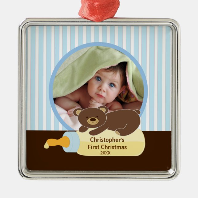 Babys First Christmas Photo Ornament Bear Bottle (Front)