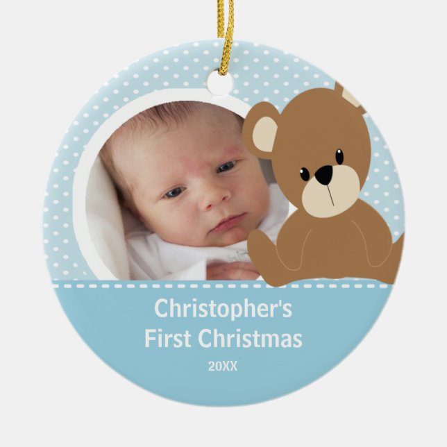 Babys First Christmas Photo Ornament Boy Bear (Front)