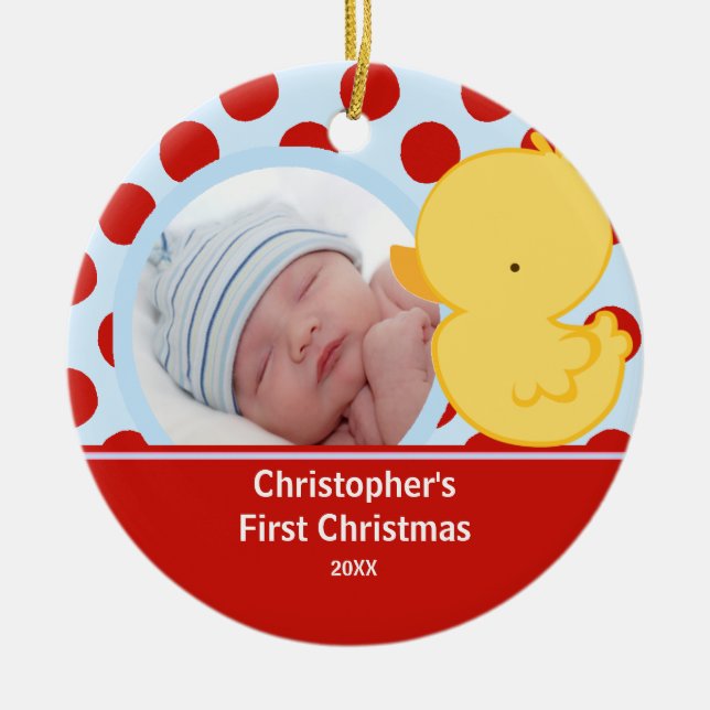 Babys First Christmas Photo Ornament Duck Boy (Front)