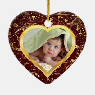Baby's First Christmas Photo Ornament Heart Gold