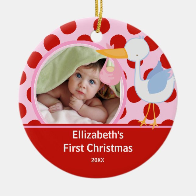 Babys First Christmas Photo Ornament Stork Girl (Front)