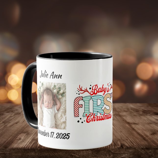 Baby's First Christmas Photo Personalize Mug (Baby's First Christmas, Elegant graphic and photo placement of your baby.)