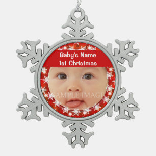 Baby's first christmas photo personalize snowflake pewter christmas ornament