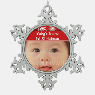Baby's first christmas photo personalize snowflake pewter christmas ornament