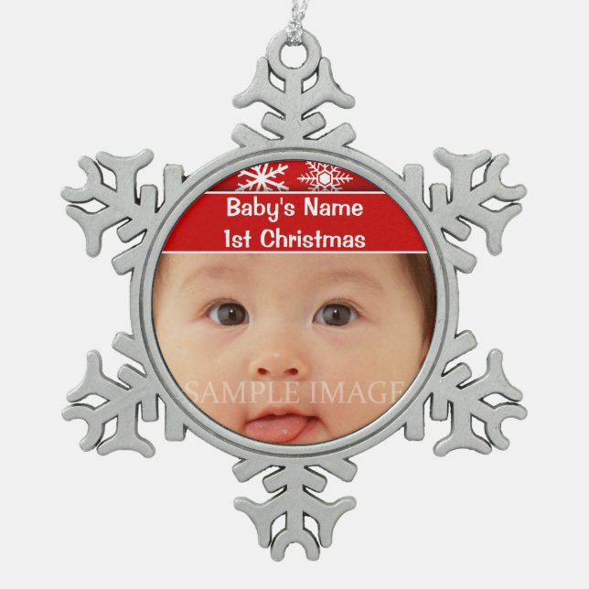 Baby's first christmas photo personalize snowflake pewter christmas ornament (Front)