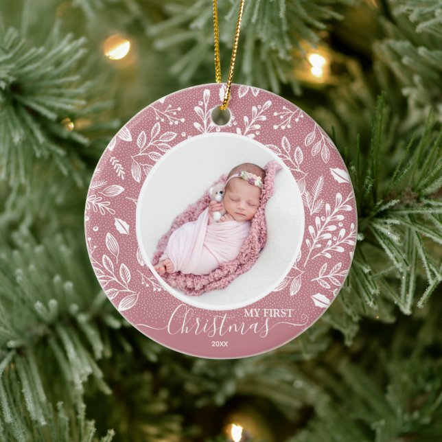Baby's First Christmas Photo Pink Ceramic Ornament (Tree)