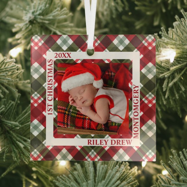 Baby's First Christmas Photo Plaid Glass Ornament (Insitu)