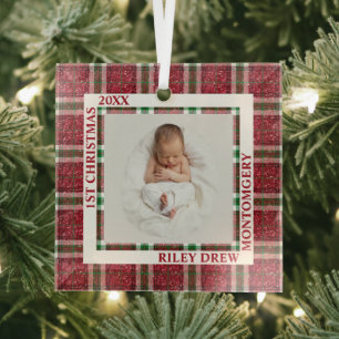 Baby's First Christmas Photo Plaid Glass Ornament