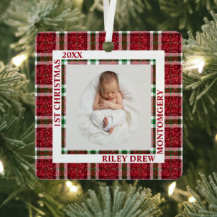 Baby's First Christmas Photo Plaid Metal Ornament