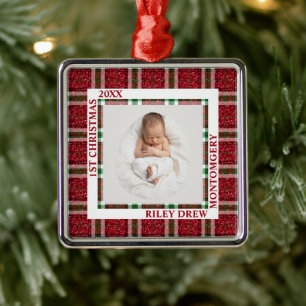 Baby's First Christmas Photo Plaid Metal Ornament