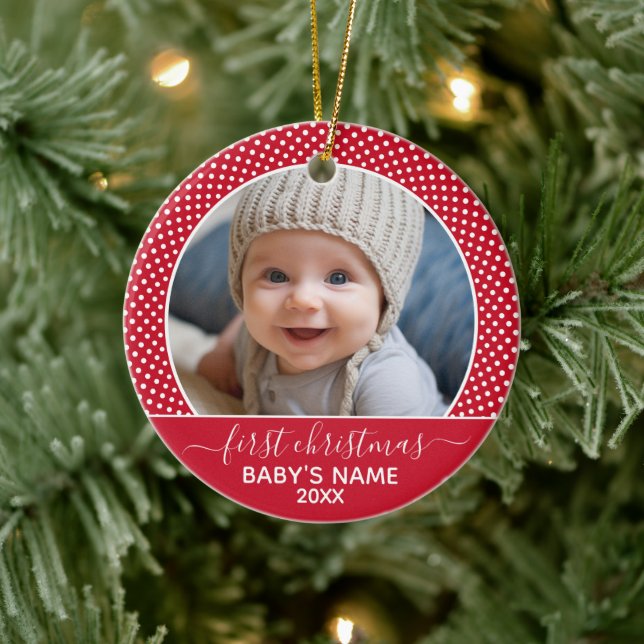 Baby's First Christmas Photo Polka Dot Calligraphy Ceramic Ornament (Tree)