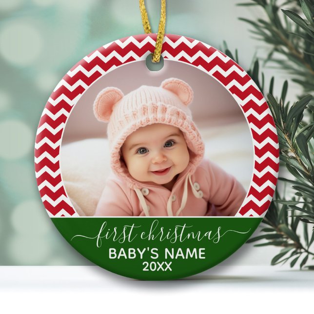 Baby's First Christmas Photo red chevrons green Ceramic Ornament (Baby's First Christmas Ornament with Photo and Cute Chevrons)