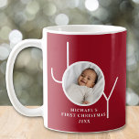 Baby's First Christmas Photo Red Coffee Mug<br><div class="desc">This festive Baby Boy's First Christmas Photo mug is decorated with the word JOY on a maroon-red background.
Easily customizable with your photo,  name,  and year.</div>