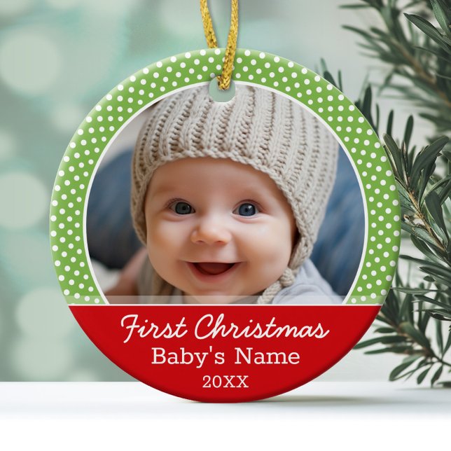 Baby's First Christmas Photo - Red Green polka dot Ceramic Ornament (Baby's First Christmas Ornament with a photo and bright green and red border)