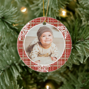 Baby's First Christmas Photo Red Plaid Snowflakes Ceramic Ornament