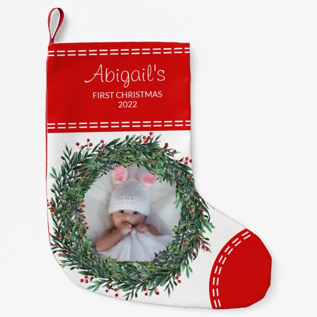 Baby's First Christmas Photo Red Small Christmas Stocking (Front)