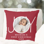 Baby's First Christmas Photo Red Throw Pillow<br><div class="desc">This festive Baby's First Christmas Photo pillow is decorated with the word JOY on a maroon red background.
Easily customizable with your photo, name, and year.</div>