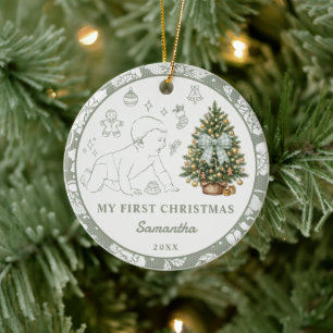 Baby's First Christmas Photo Sage Green Lace Ceramic Ornament