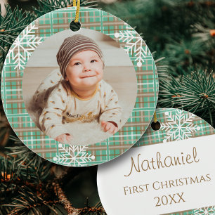 Baby's First Christmas Photo Sage Plaid Snowflakes Ceramic Ornament