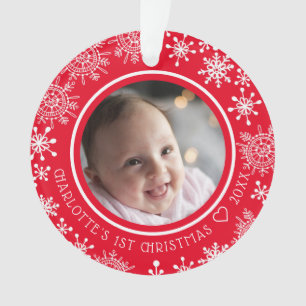 Baby's First Christmas Photo Snowflakes Red Ornament