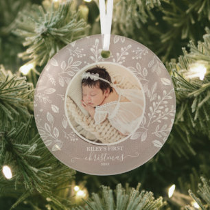 Baby's First Christmas Photo Taupe Glass Ornament