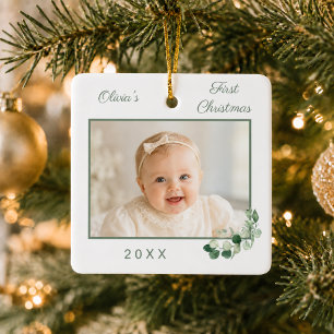 Baby's First Christmas photo white greenery Ceramic Ornament