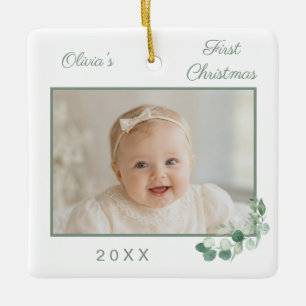 Baby's First Christmas photo white greenery Ceramic Ornament