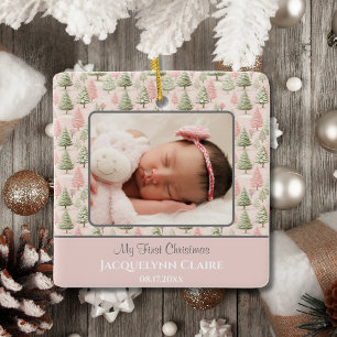 Baby's First Christmas Photo Winter Pink Keepsake Ceramic Ornament