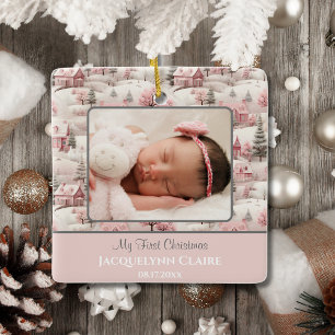 Baby's First Christmas Photo Winter Pink Keepsake Ceramic Ornament