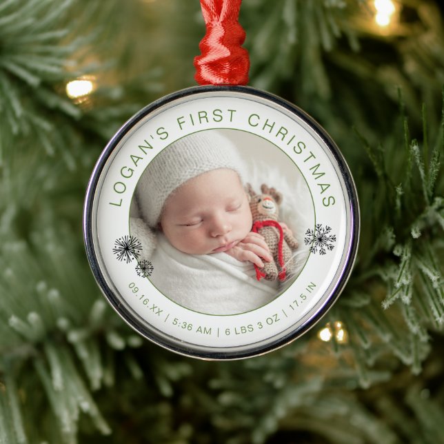 Baby's First Christmas Photo with Birth Stats Metal Ornament (Tree)