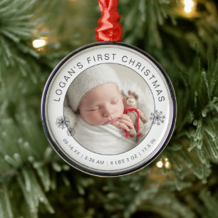 Baby's First Christmas Photo with Birth Stats Metal Ornament
